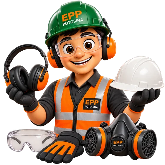 Eppito, asesor de seguridad de EPP Potosina, con casco, lentes, orejeras, guantes y respirador